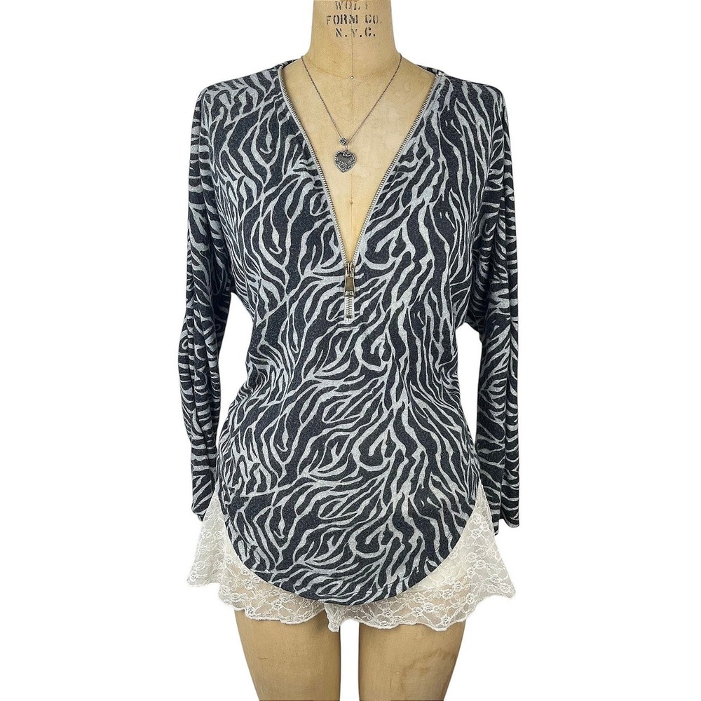 Y2K Zebra Print Quarter Zip Pullover Lightweight 2000's Grunge Whimsygoth Size L